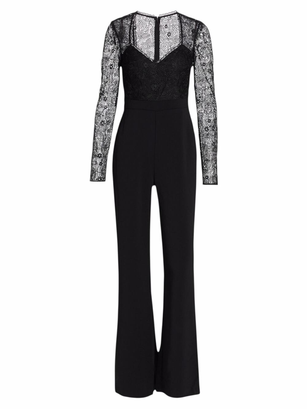 Monique Lhuillier Lace Flare Leg Jumpsuit Pockets Jet Black Size 2